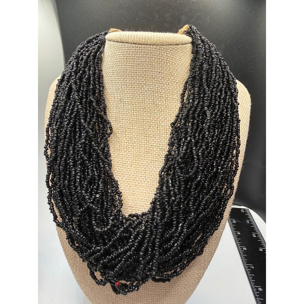 Vintage Multi Strand Black Seed Bead Statement Necklace 1939 India Coin Closure